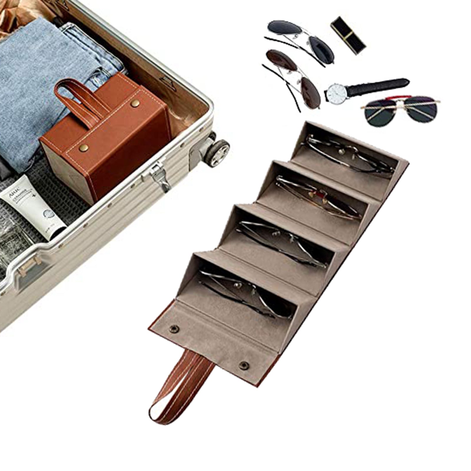 Portable Multi-slot Sunglasses Organizer Eyeglasses Storage 4 Grid Brown
