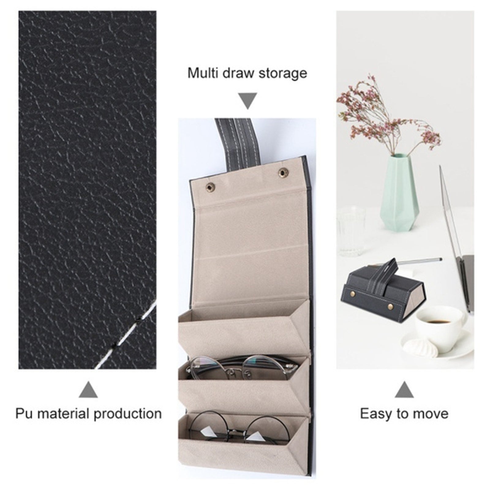 Portable Multi-slot Sunglasses Organizer Eyeglasses Storage 3 Grid Blacl