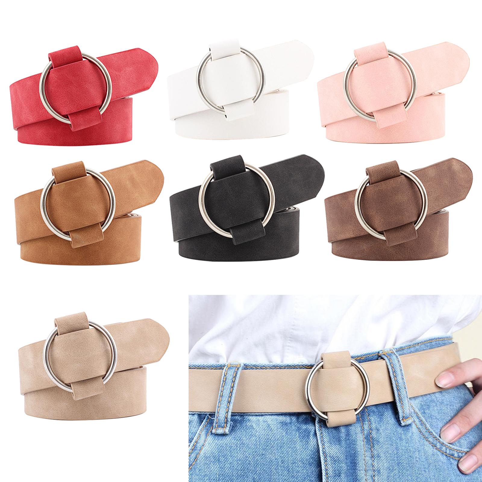 Women Leather Waistband Alloy Round Buckle No Pin Waist Strap Red