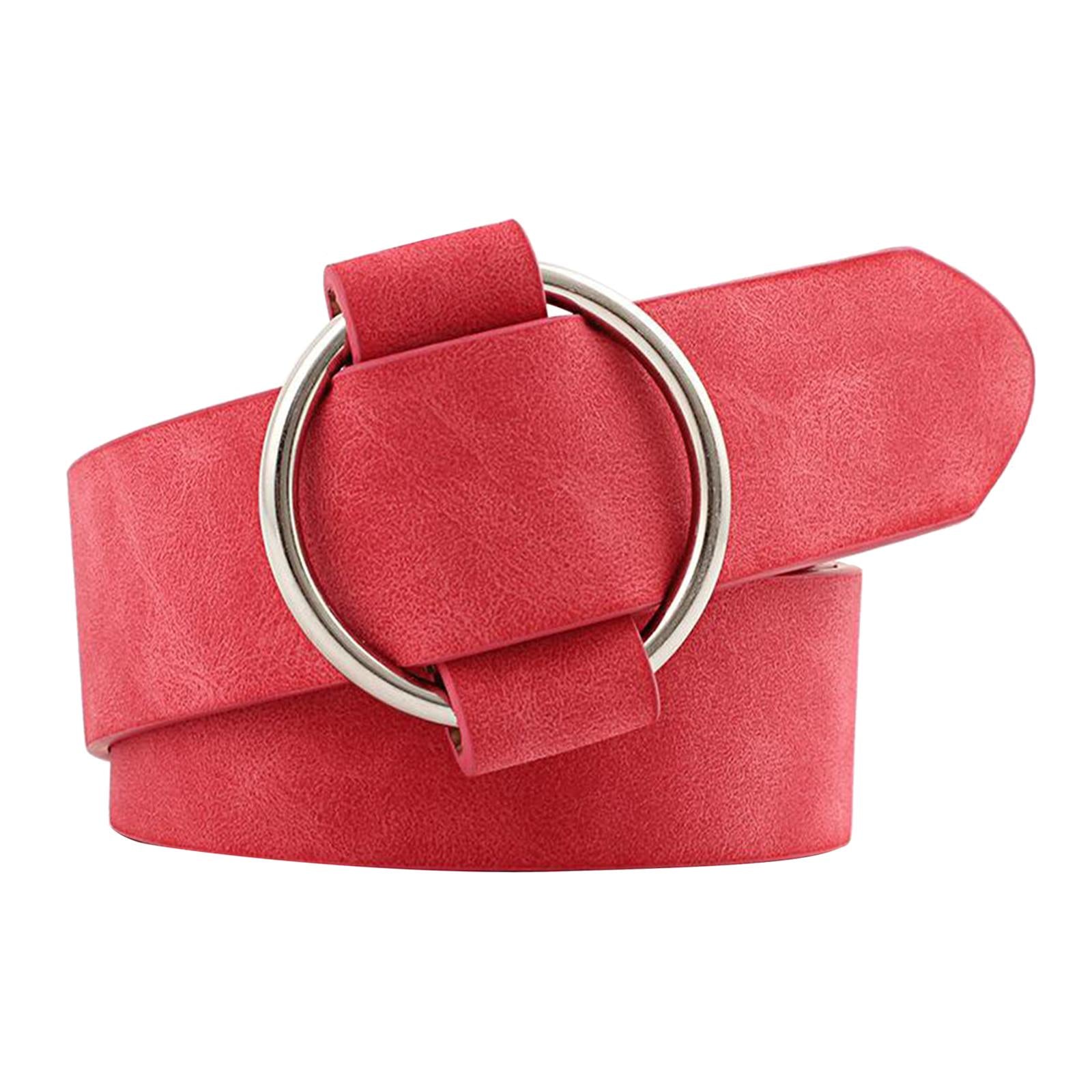 Women Leather Waistband Alloy Round Buckle No Pin Waist Strap Red