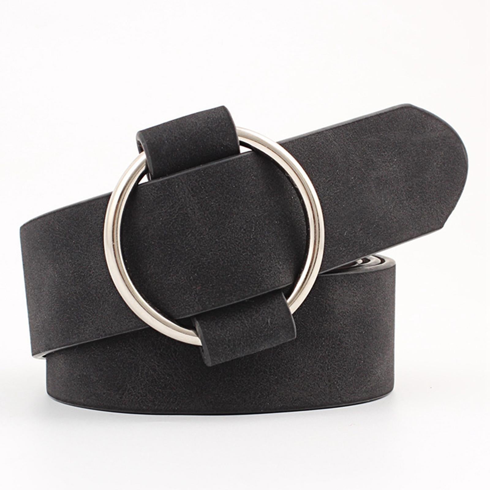 Women Leather Waistband Alloy Round Buckle No Pin Waist Strap Black