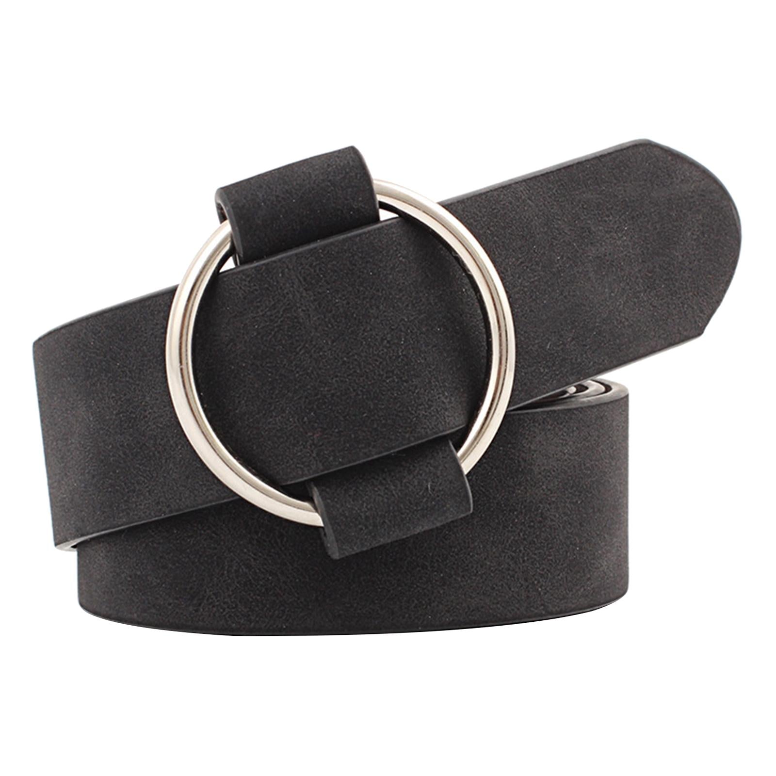 Women Leather Waistband Alloy Round Buckle No Pin Waist Strap Black