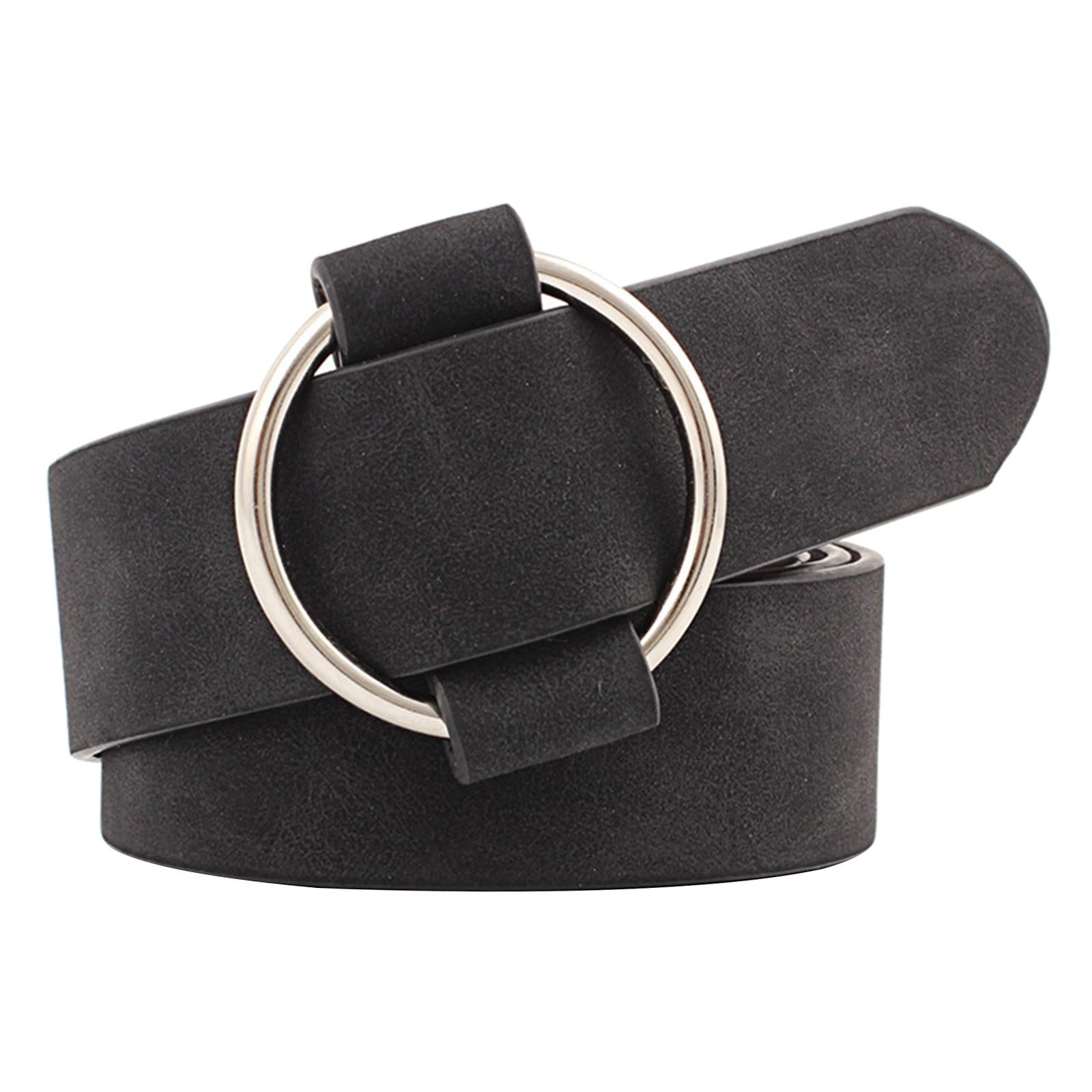 Women Leather Waistband Alloy Round Buckle No Pin Waist Strap Black
