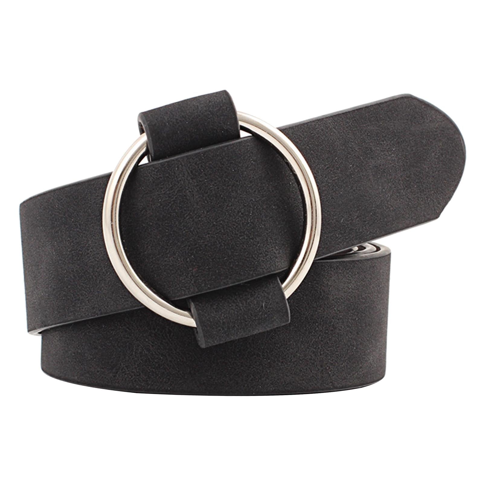 Women Leather Waistband Alloy Round Buckle No Pin Waist Strap Black
