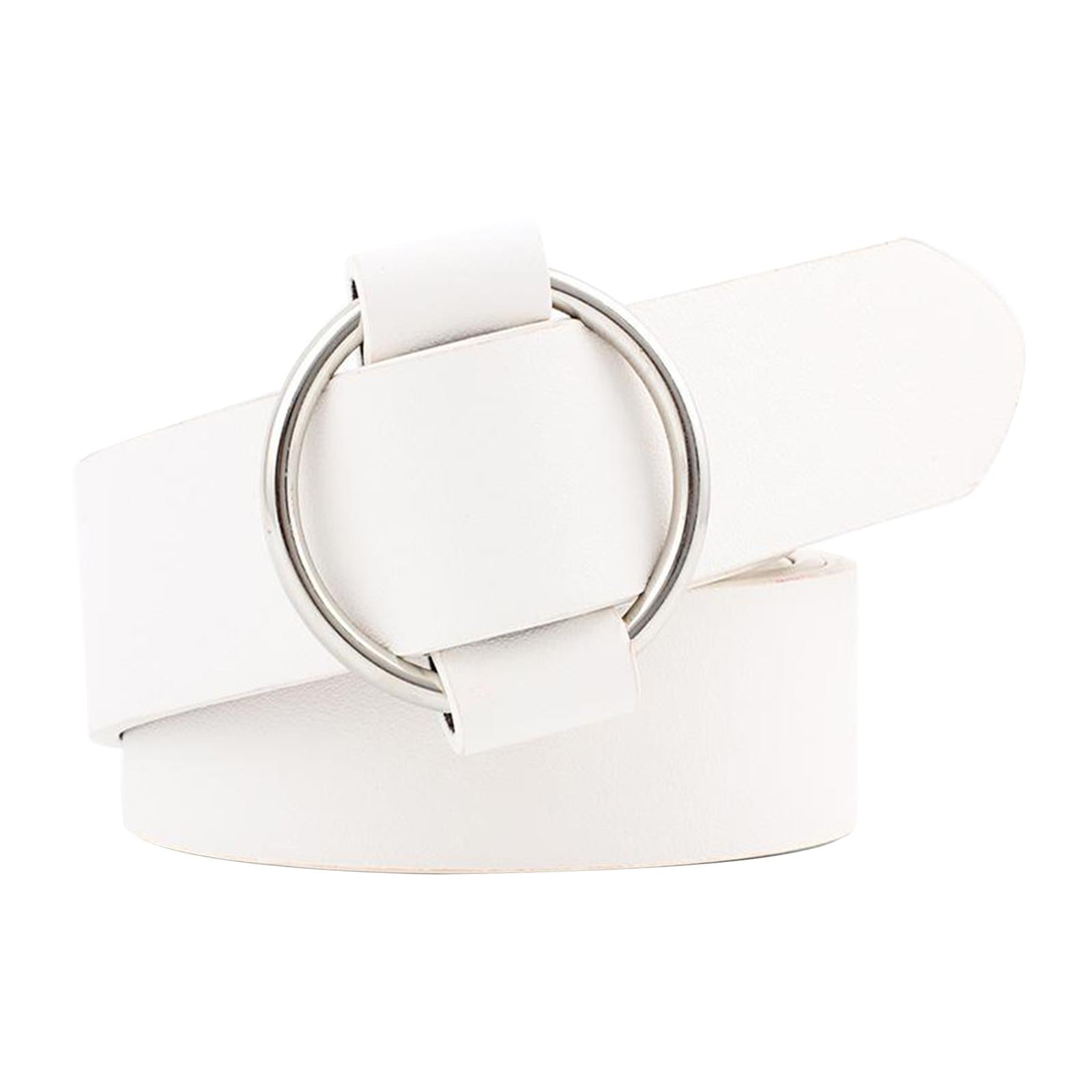 Women Leather Waistband Alloy Round Buckle No Pin Waist Strap White