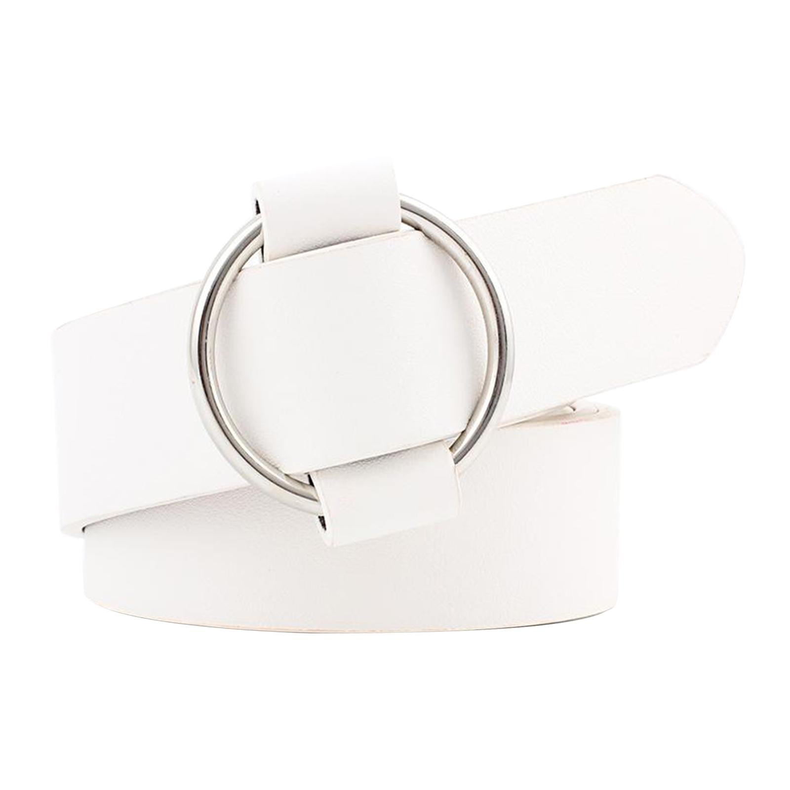Women Leather Waistband Alloy Round Buckle No Pin Waist Strap White