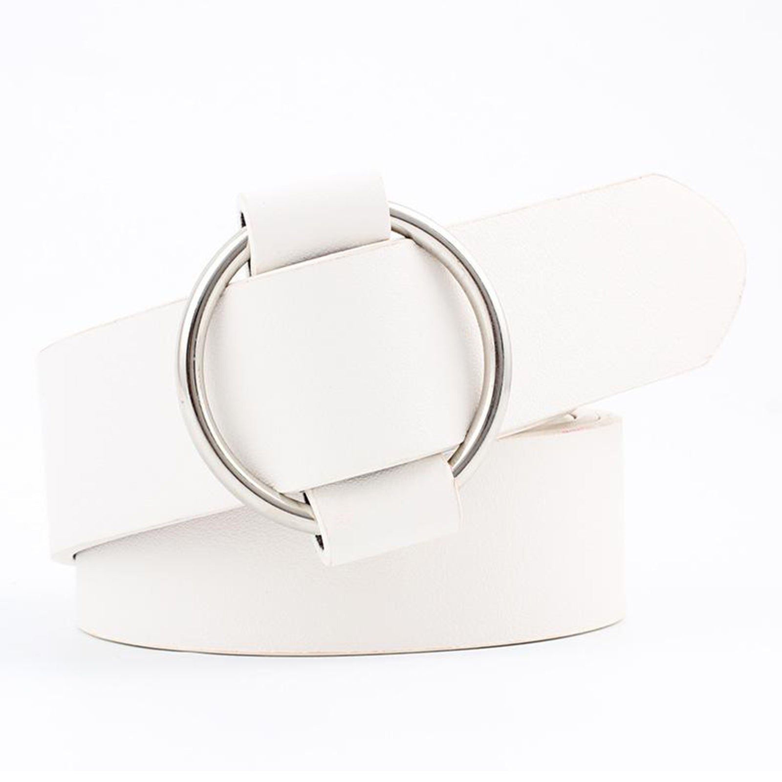 Women Leather Waistband Alloy Round Buckle No Pin Waist Strap White