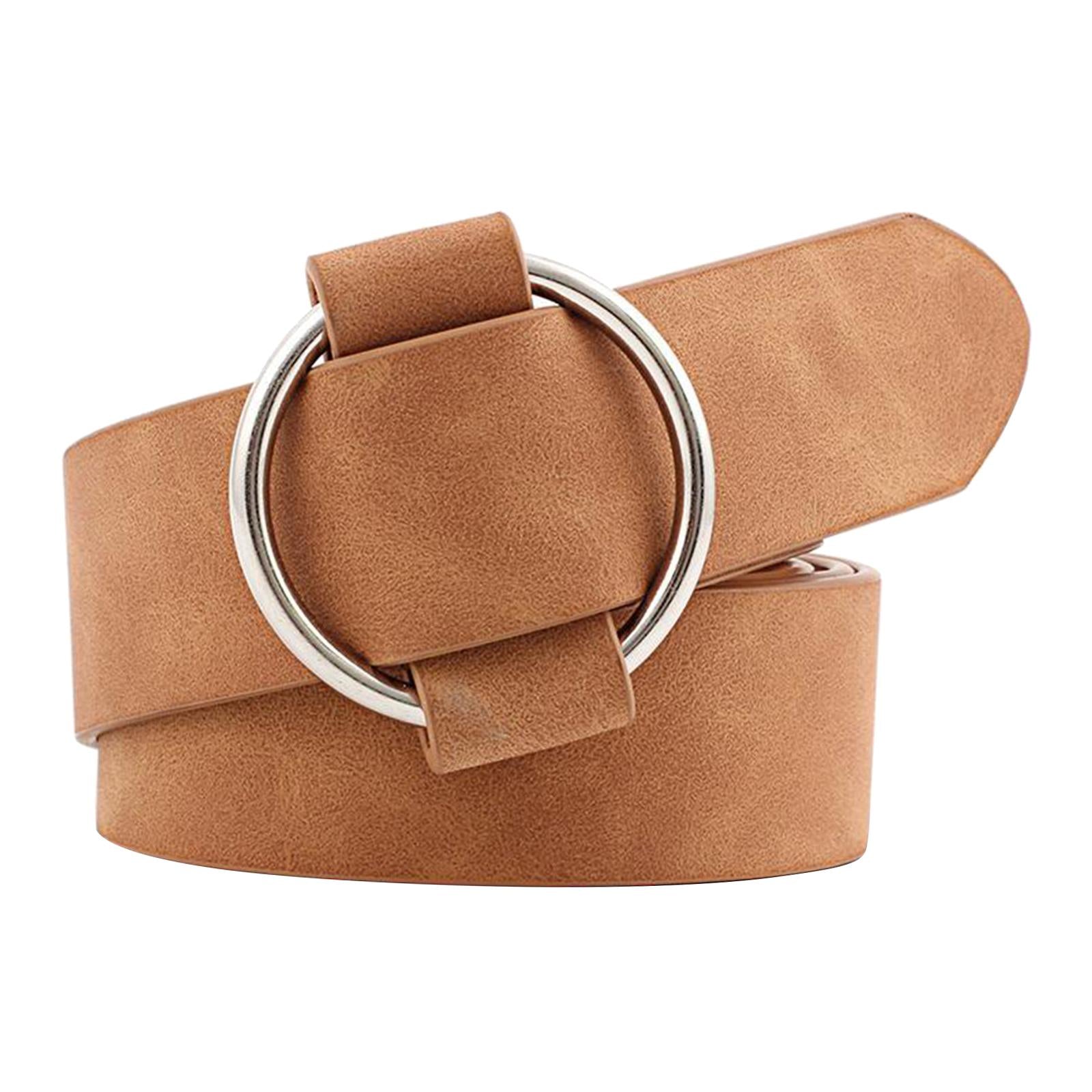 Women Leather Waistband Alloy Round Buckle No Pin Waist Strap Dark Khaki