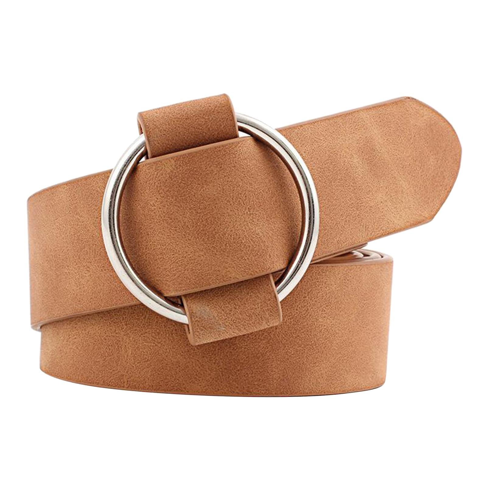 Women Leather Waistband Alloy Round Buckle No Pin Waist Strap Dark Khaki