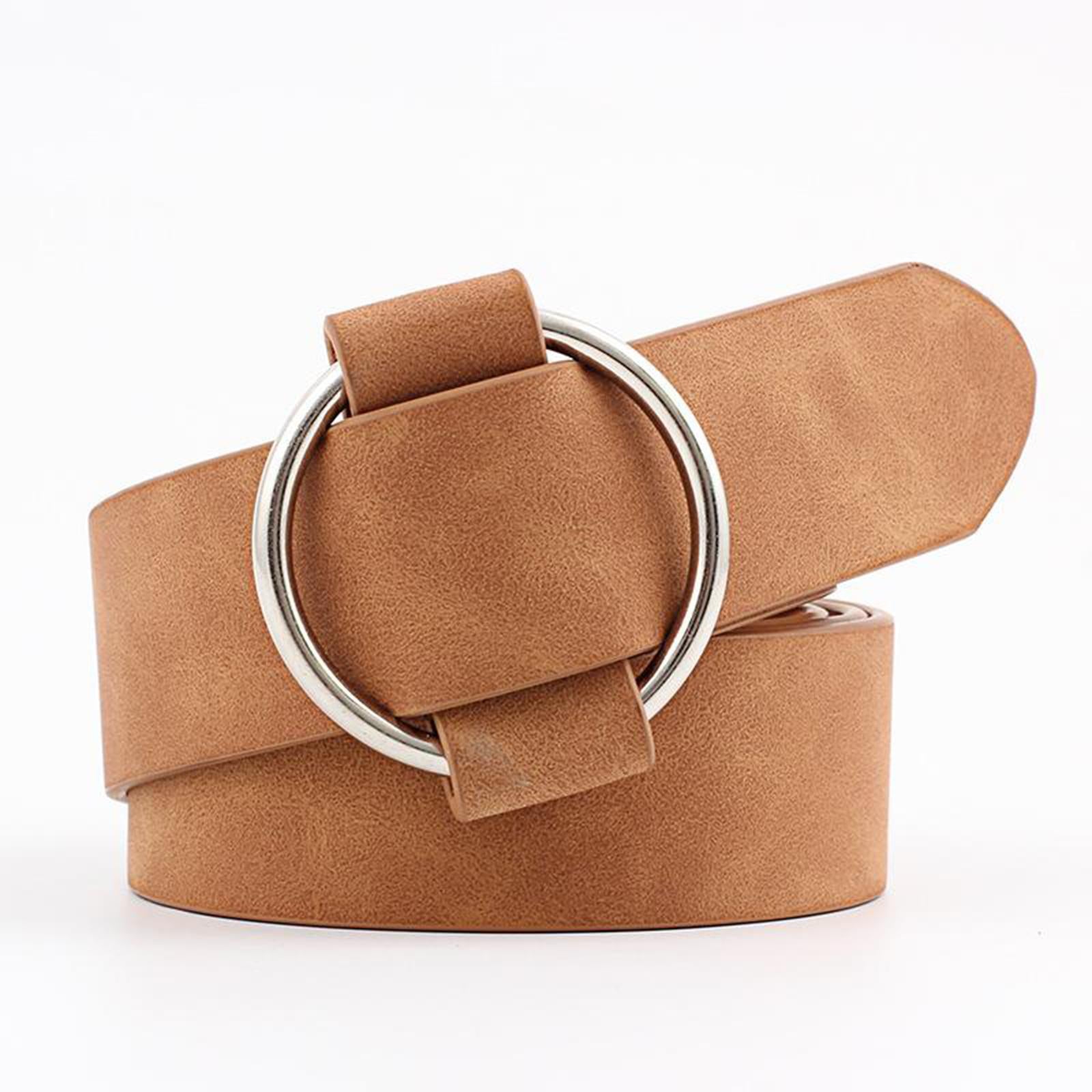 Women Leather Waistband Alloy Round Buckle No Pin Waist Strap Dark Khaki