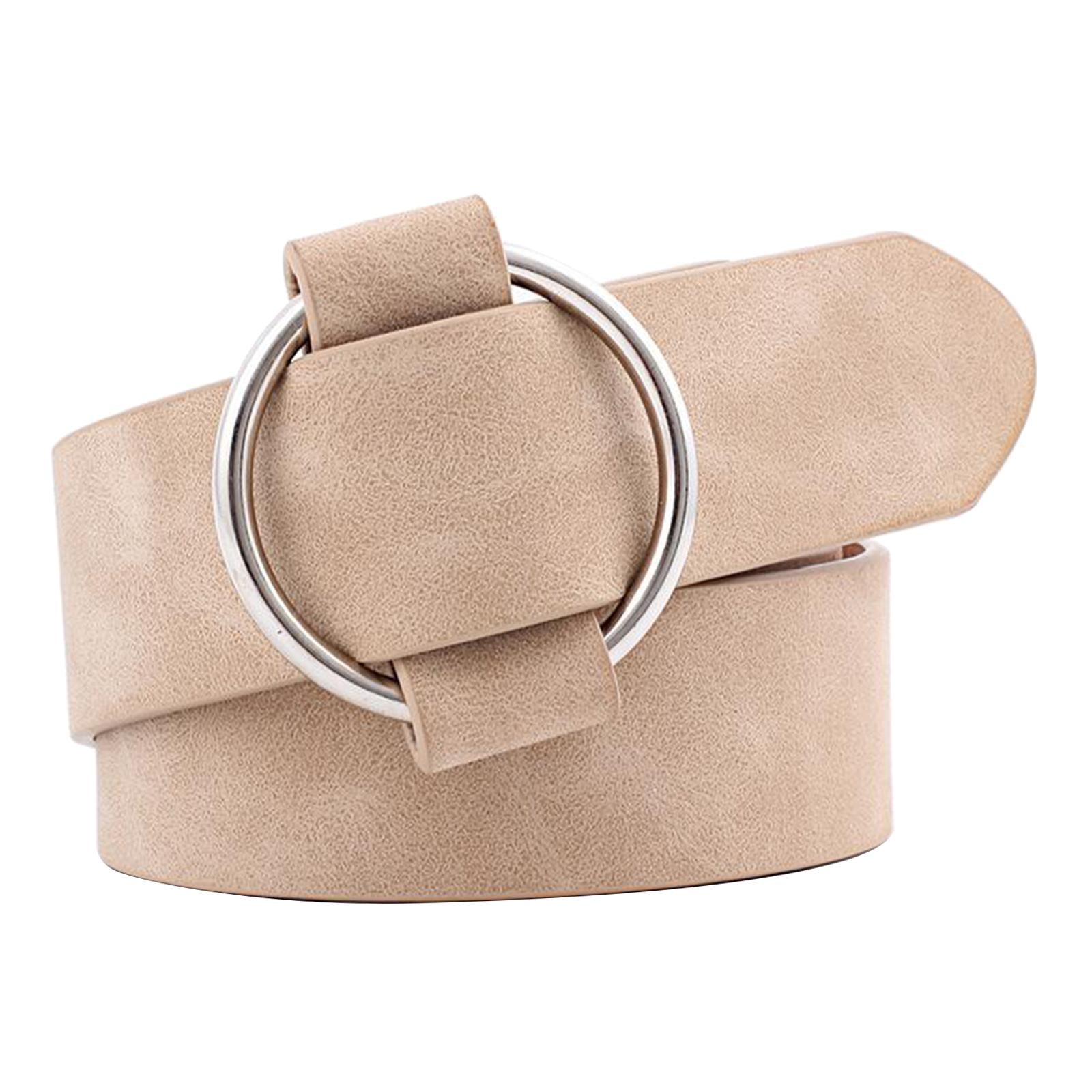 Women Leather Waistband Alloy Round Buckle No Pin Waist Strap Light Khaki