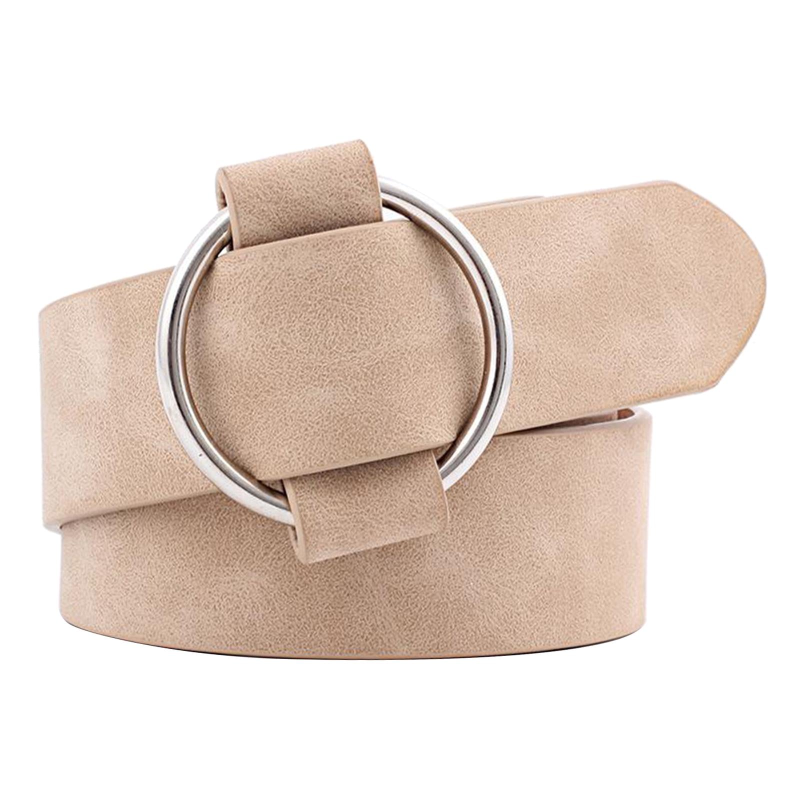 Women Leather Waistband Alloy Round Buckle No Pin Waist Strap Light Khaki