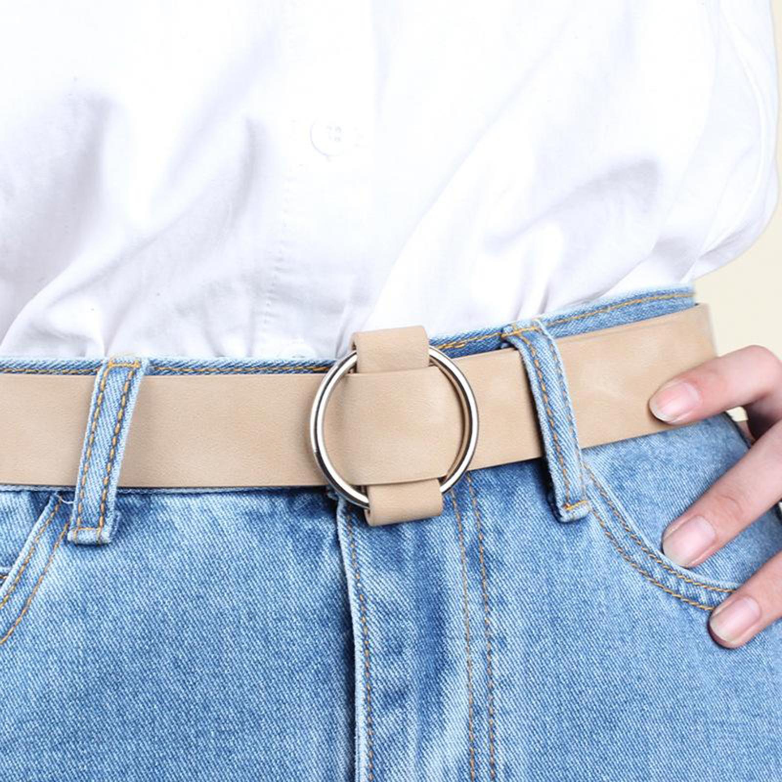 Women Leather Waistband Alloy Round Buckle No Pin Waist Strap Light Khaki