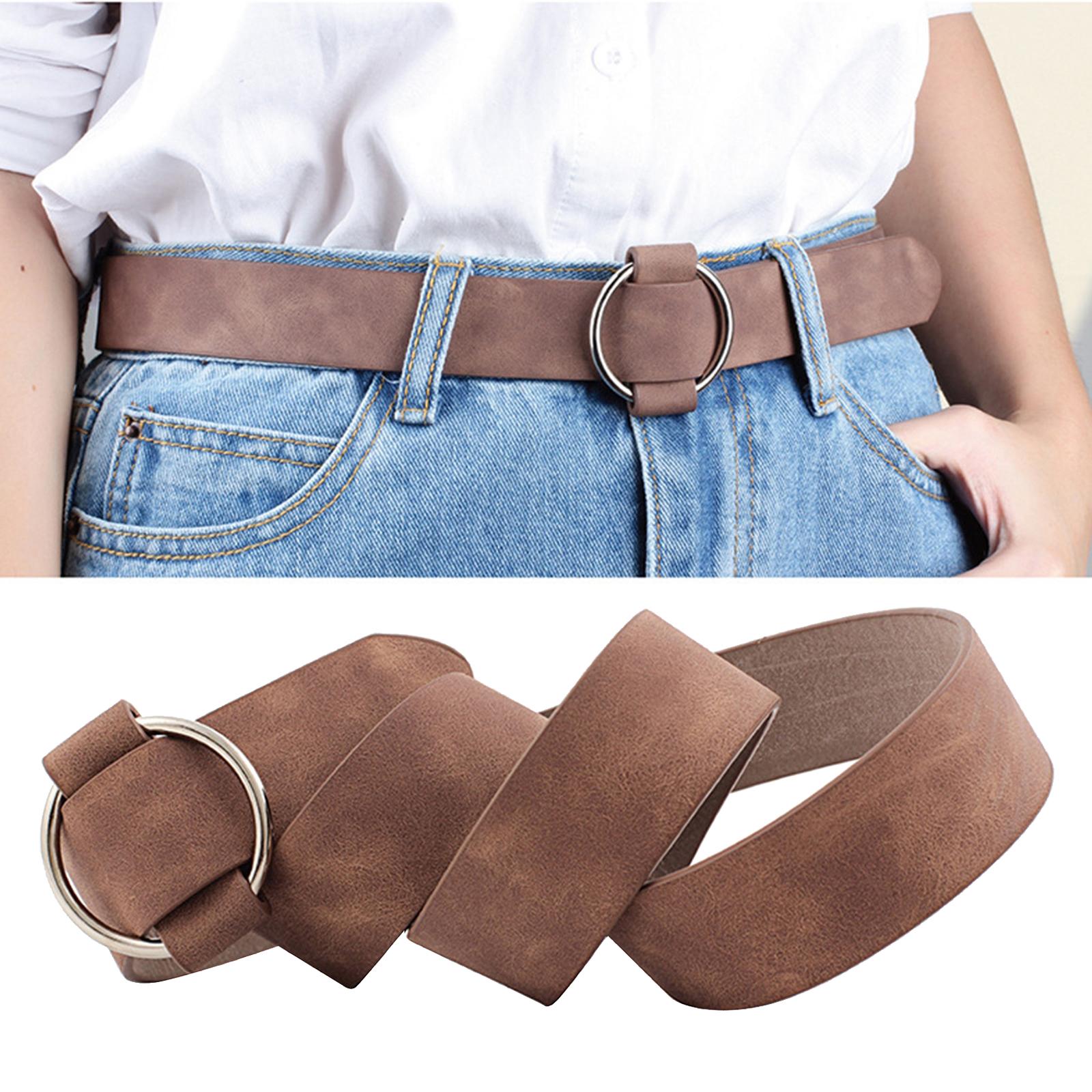Women Leather Waistband Alloy Round Buckle No Pin Waist Strap Brown