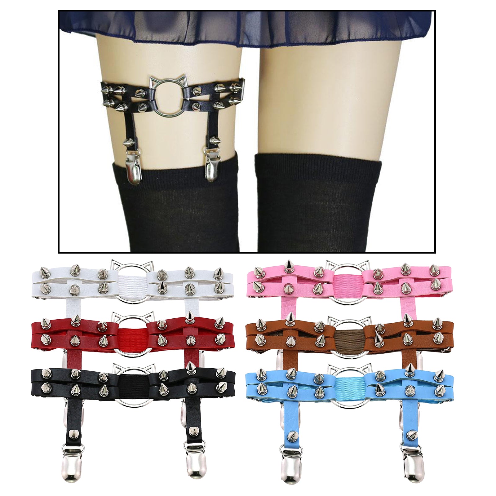 Women Leather Leg Ring Garter Belt Elastic Punk Rivet Thigh Suspender White