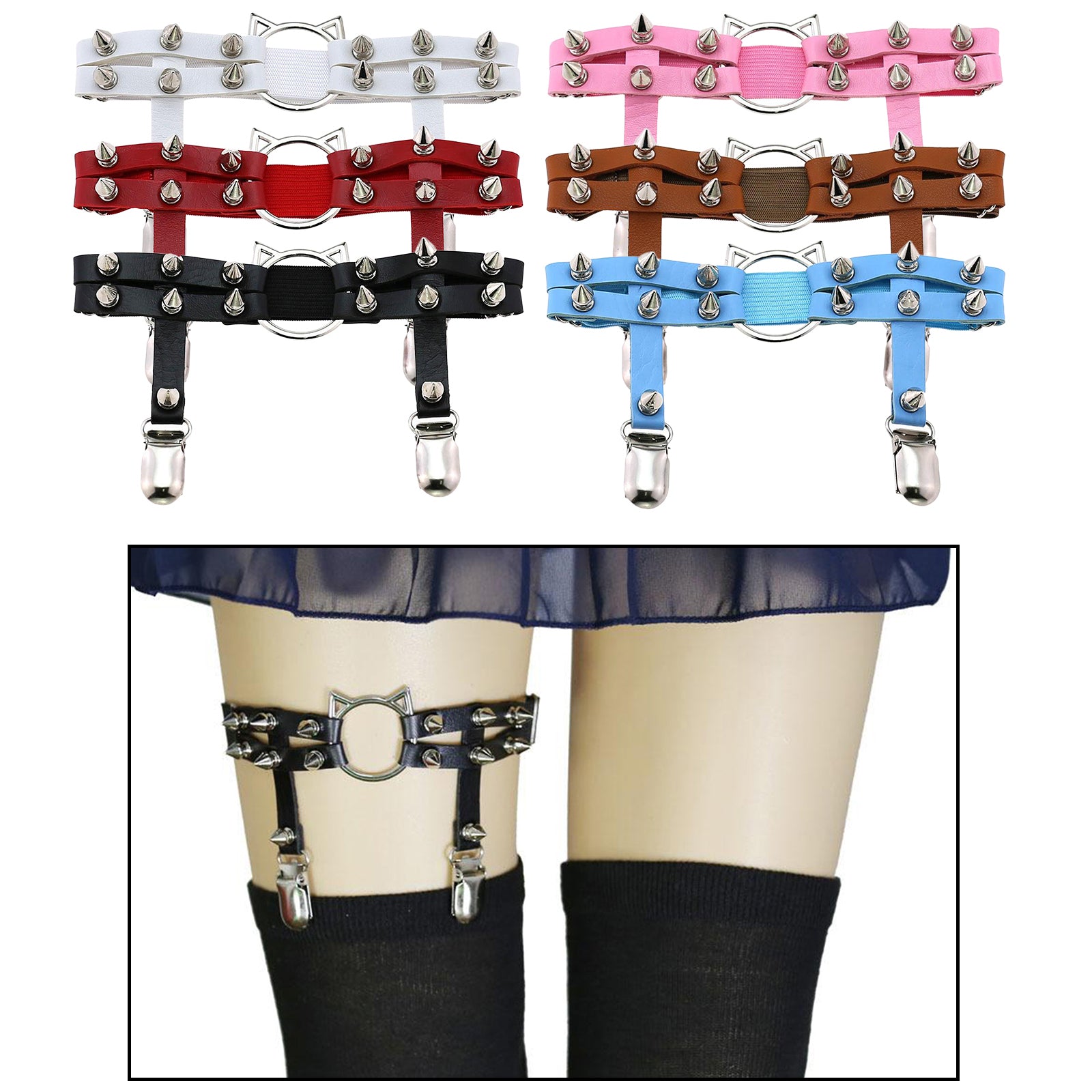 Women Leather Leg Ring Garter Belt Elastic Punk Rivet Thigh Suspender White