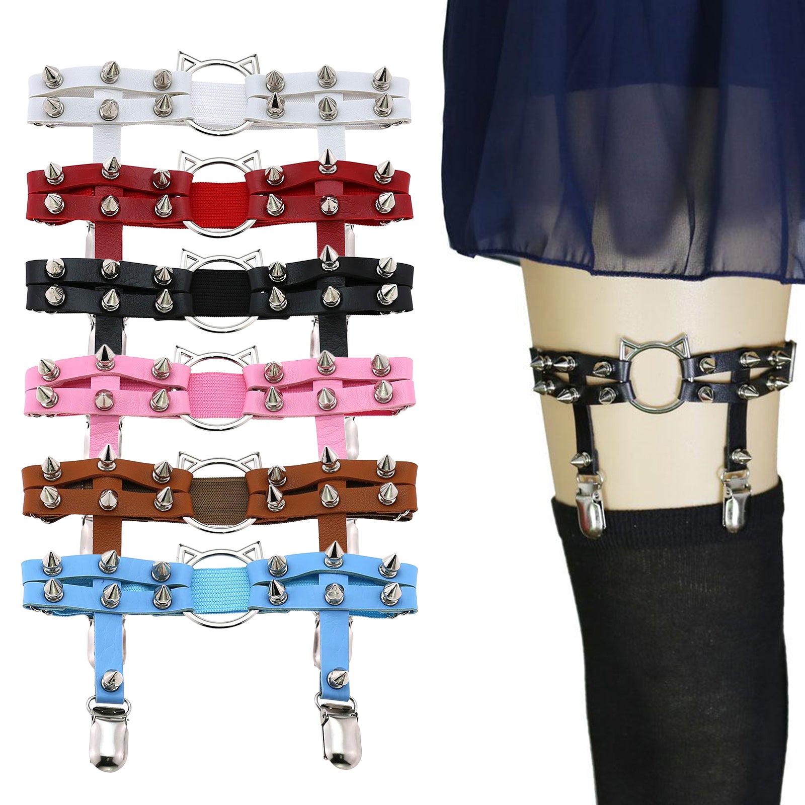 Women Leather Leg Ring Garter Belt Elastic Punk Rivet Thigh Suspender White