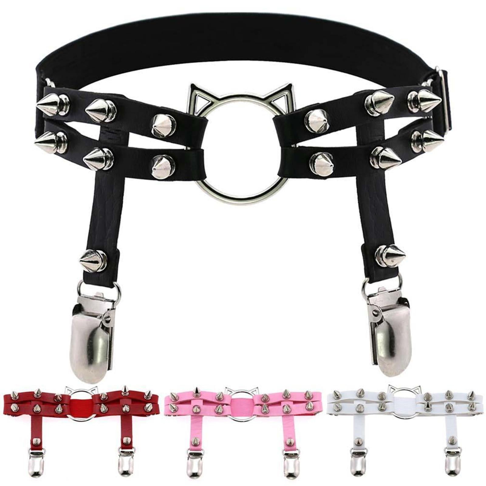 Women Leather Leg Ring Garter Belt Elastic Punk Rivet Thigh Suspender Black