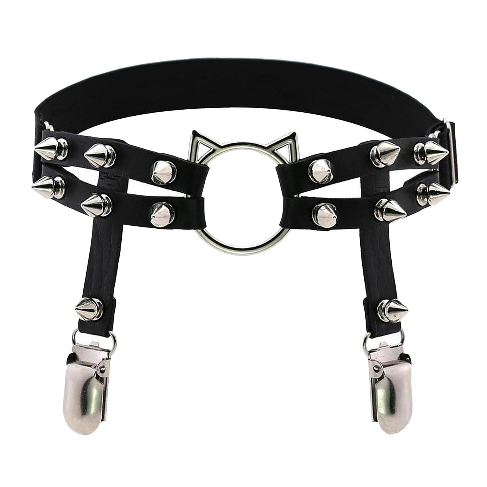 Women Leather Leg Ring Garter Belt Elastic Punk Rivet Thigh Suspender Black