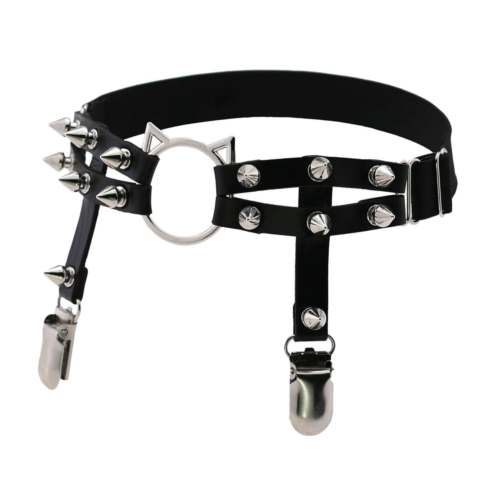 Women Leather Leg Ring Garter Belt Elastic Punk Rivet Thigh Suspender Black