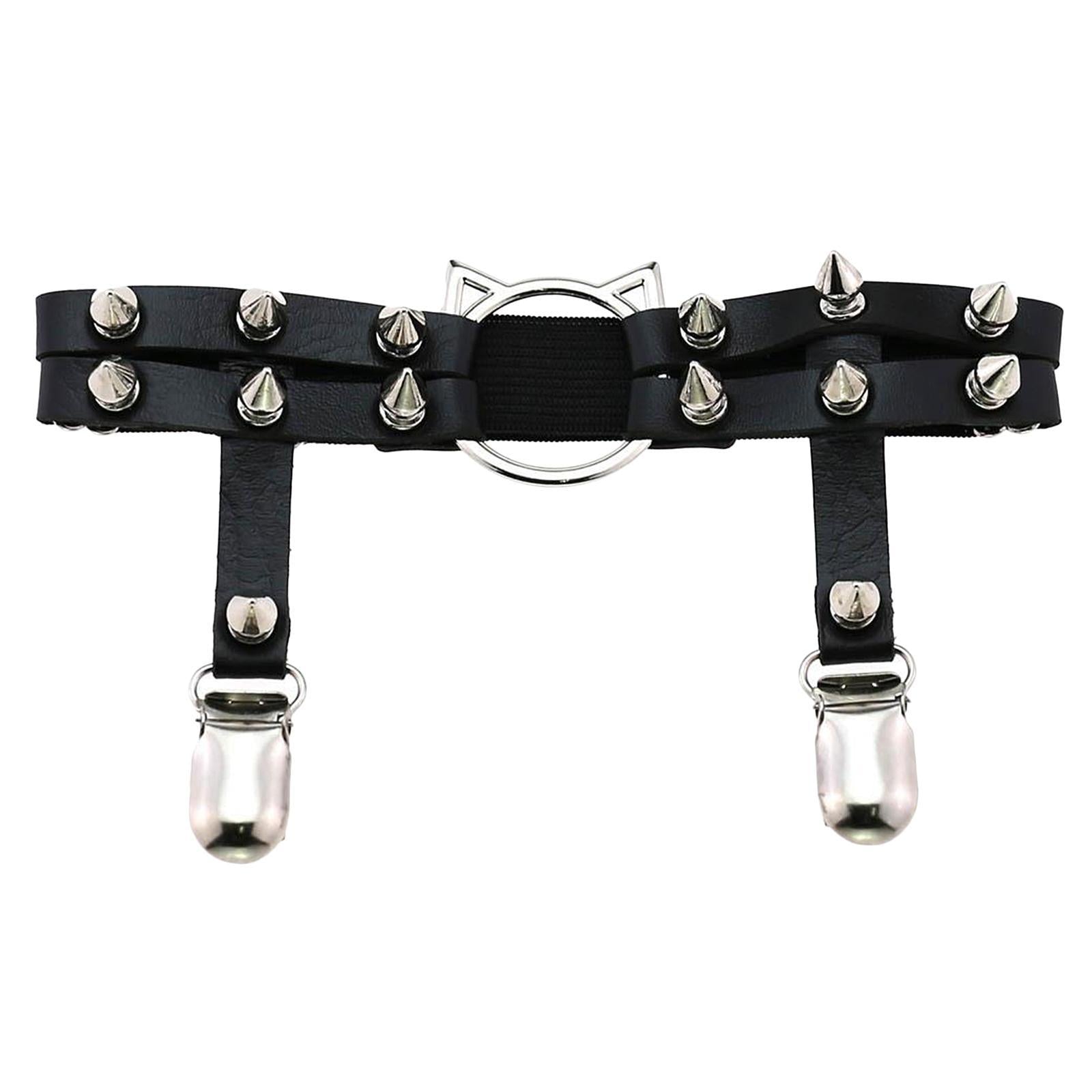 Women Leather Leg Ring Garter Belt Elastic Punk Rivet Thigh Suspender Black