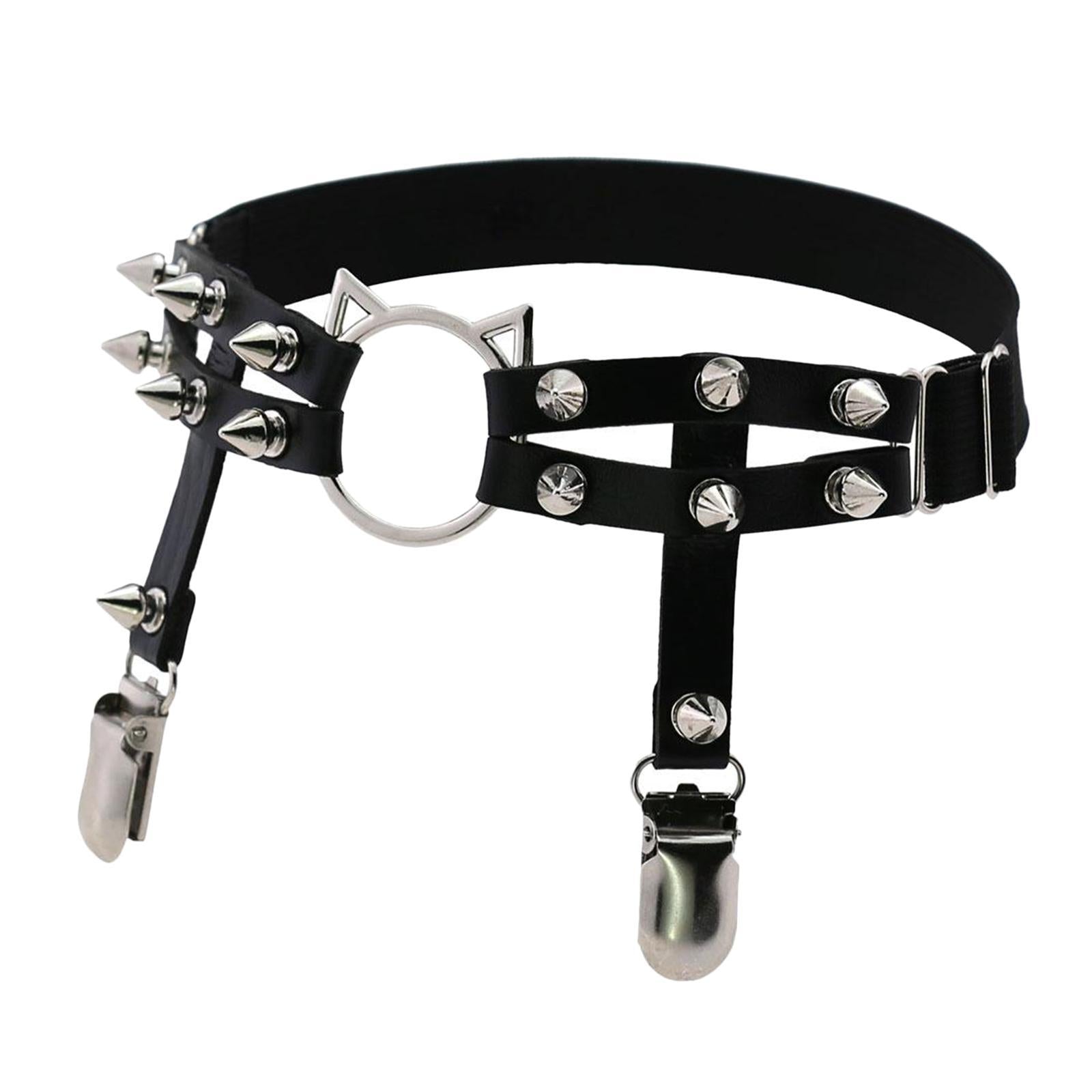 Women Leather Leg Ring Garter Belt Elastic Punk Rivet Thigh Suspender Black