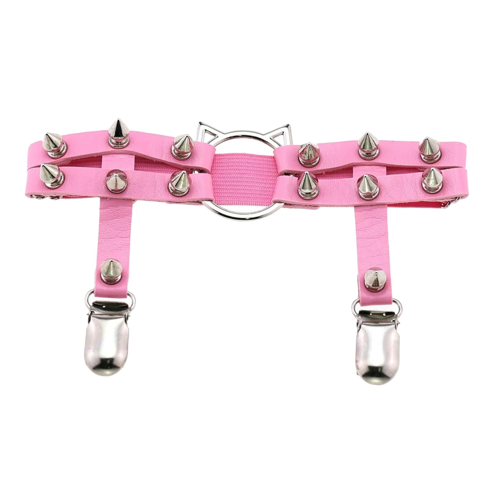 Women Leather Leg Ring Garter Belt Elastic Punk Rivet Thigh Suspender Pink