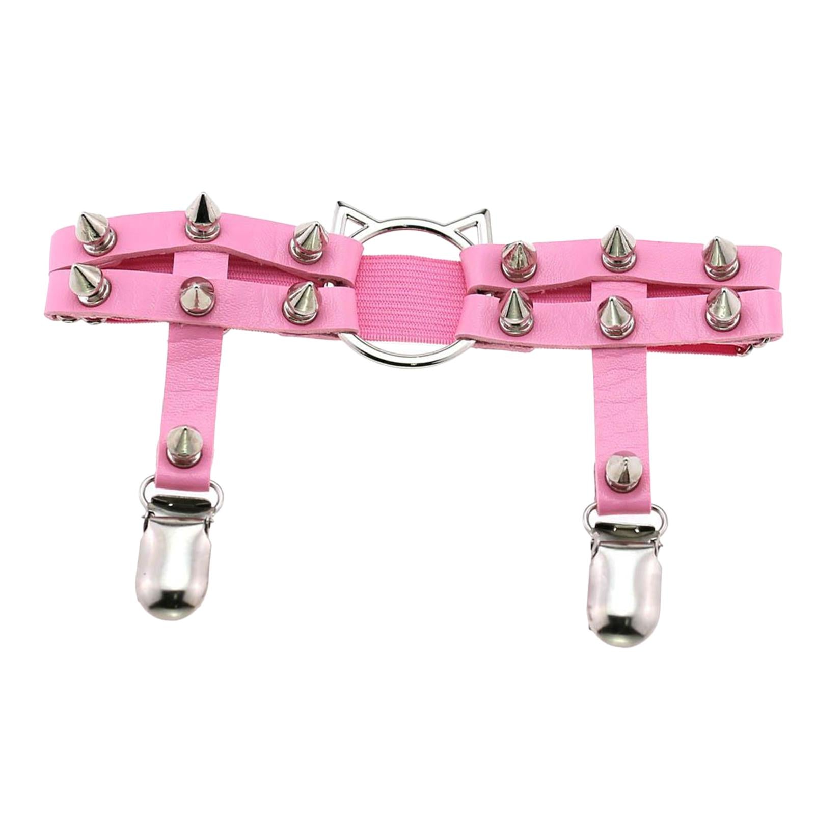 Women Leather Leg Ring Garter Belt Elastic Punk Rivet Thigh Suspender Pink
