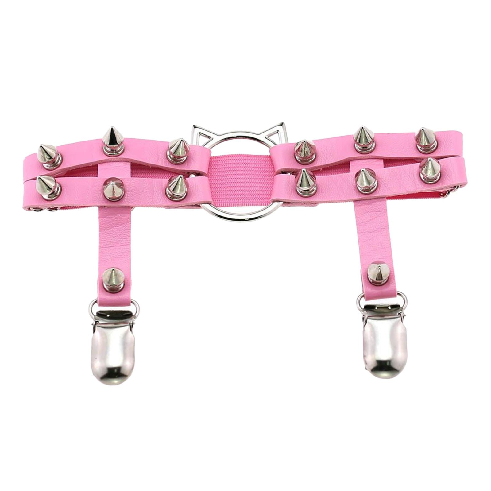 Women Leather Leg Ring Garter Belt Elastic Punk Rivet Thigh Suspender Pink