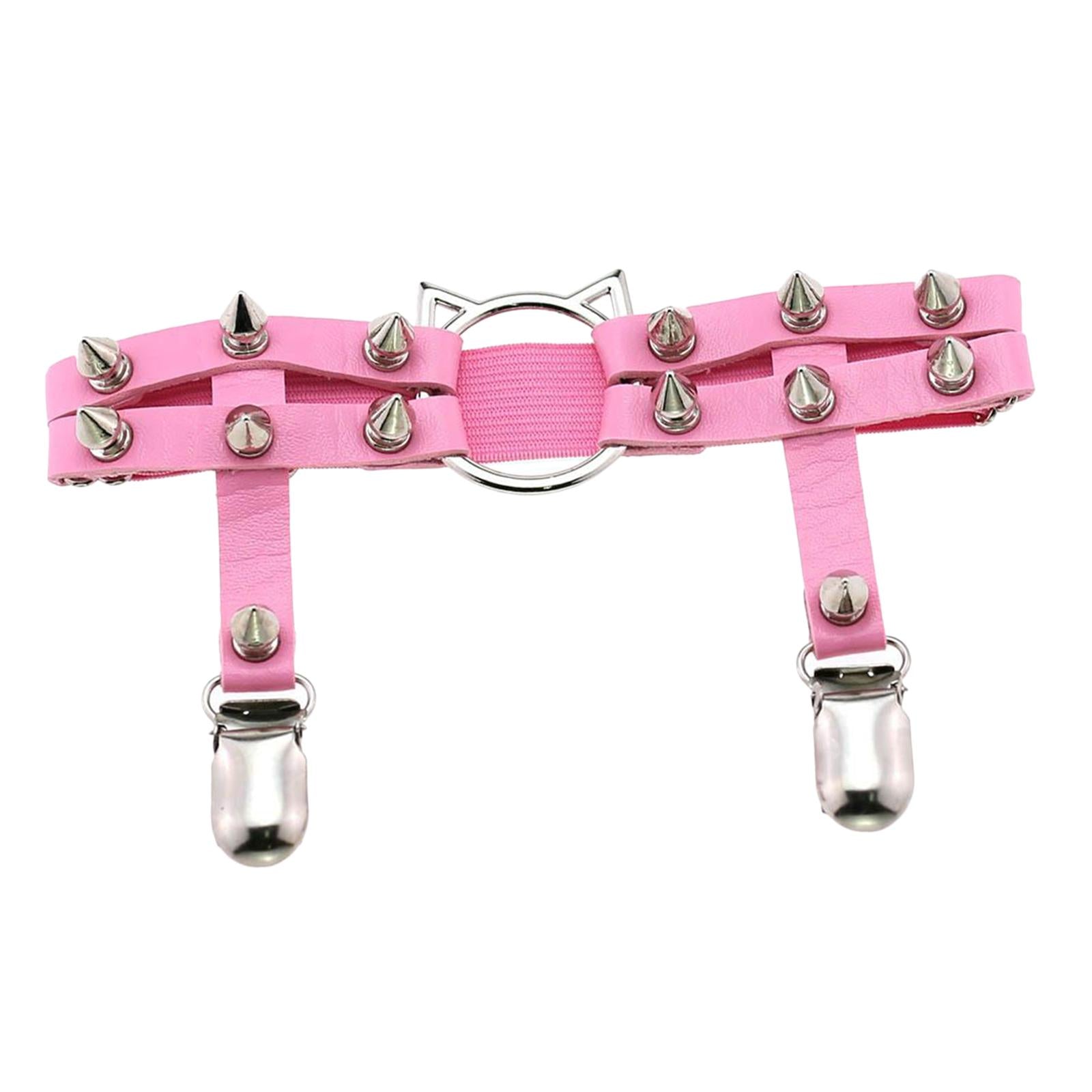 Women Leather Leg Ring Garter Belt Elastic Punk Rivet Thigh Suspender Pink