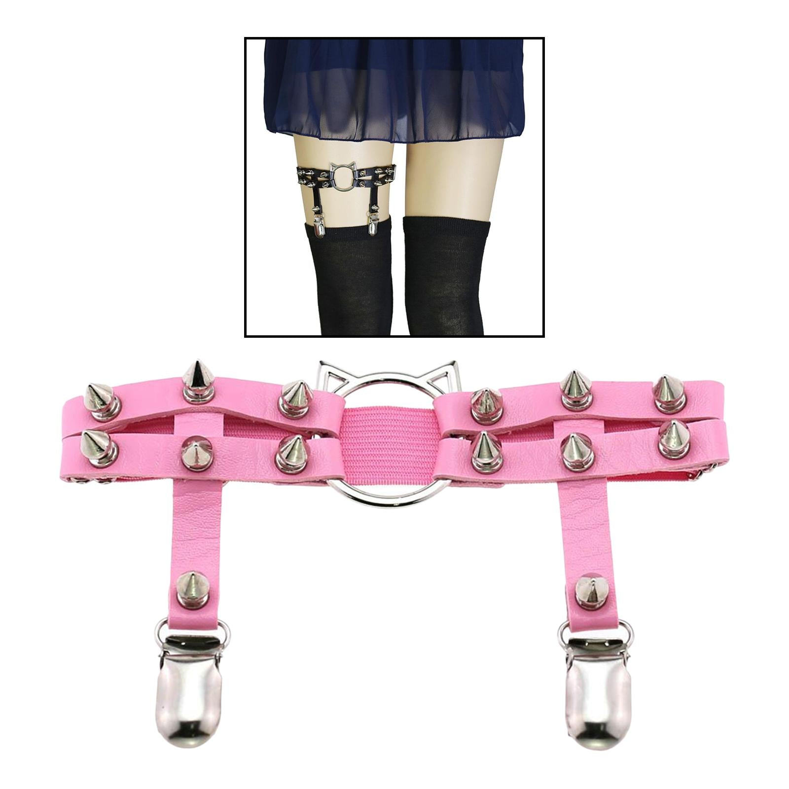 Women Leather Leg Ring Garter Belt Elastic Punk Rivet Thigh Suspender Pink