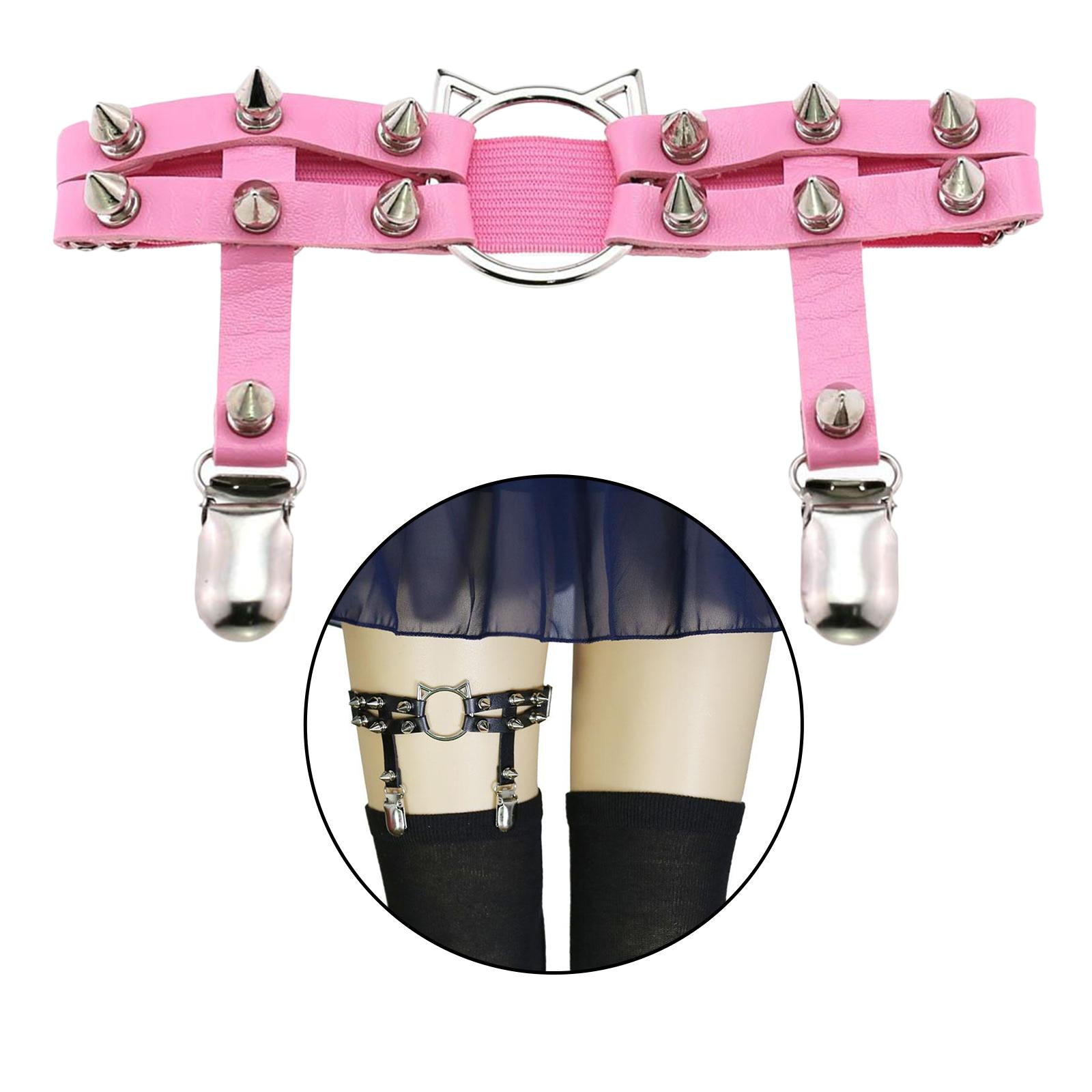 Women Leather Leg Ring Garter Belt Elastic Punk Rivet Thigh Suspender Pink