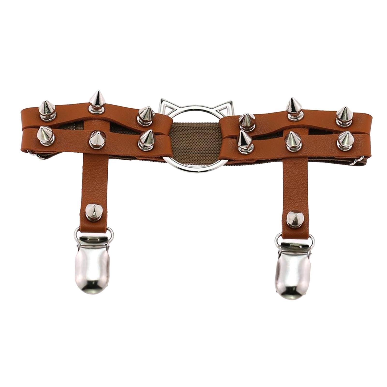 Women Leather Leg Ring Garter Belt Elastic Punk Rivet Thigh Suspender Coffee