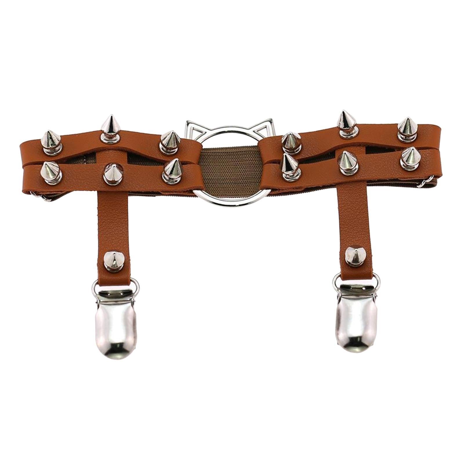 Women Leather Leg Ring Garter Belt Elastic Punk Rivet Thigh Suspender Coffee