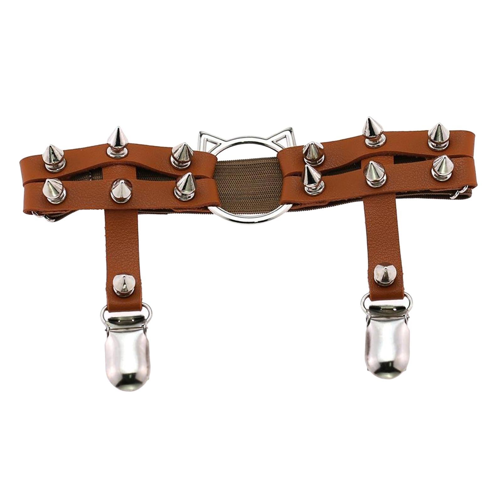 Women Leather Leg Ring Garter Belt Elastic Punk Rivet Thigh Suspender Coffee