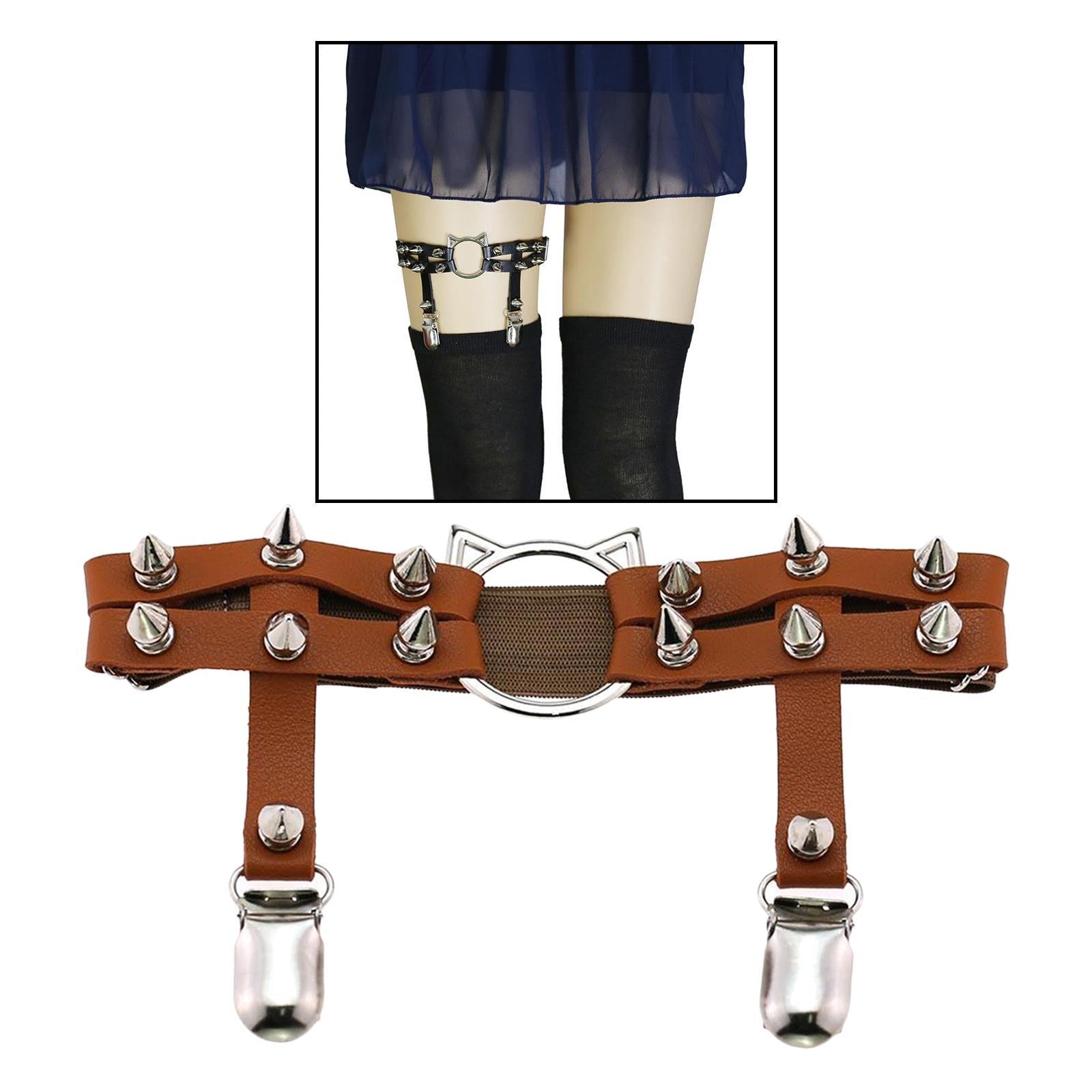 Women Leather Leg Ring Garter Belt Elastic Punk Rivet Thigh Suspender Coffee