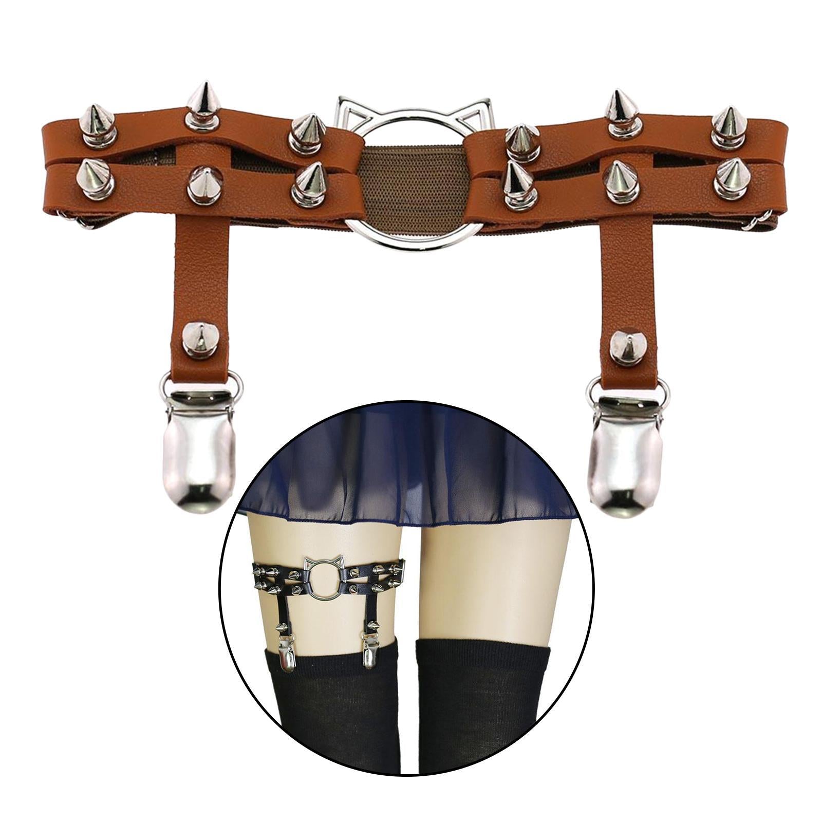 Women Leather Leg Ring Garter Belt Elastic Punk Rivet Thigh Suspender Coffee