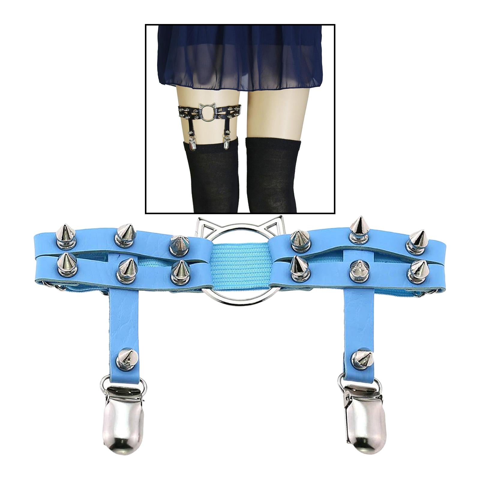Women Leather Leg Ring Garter Belt Elastic Punk Rivet Thigh Suspender Blue