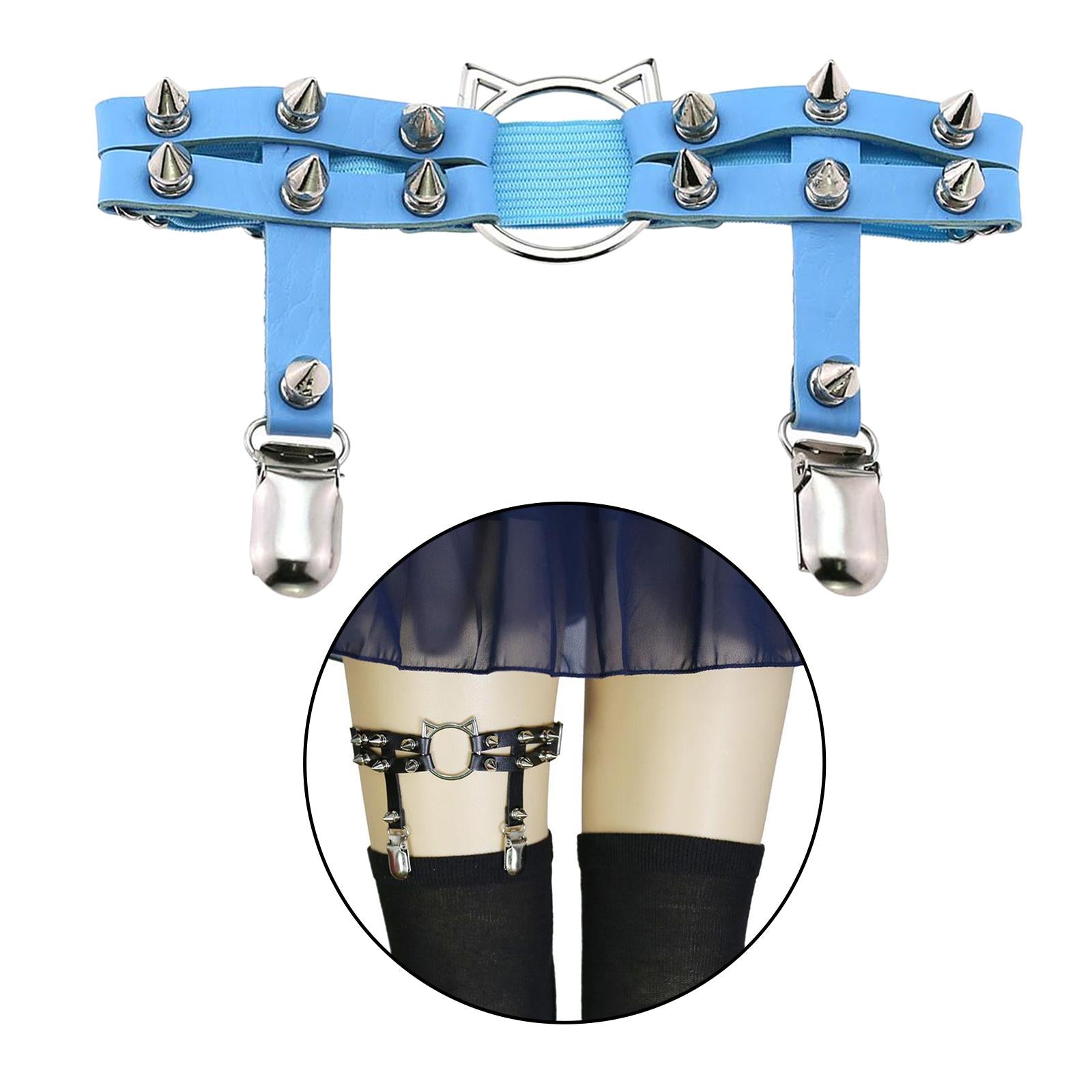 Women Leather Leg Ring Garter Belt Elastic Punk Rivet Thigh Suspender Blue