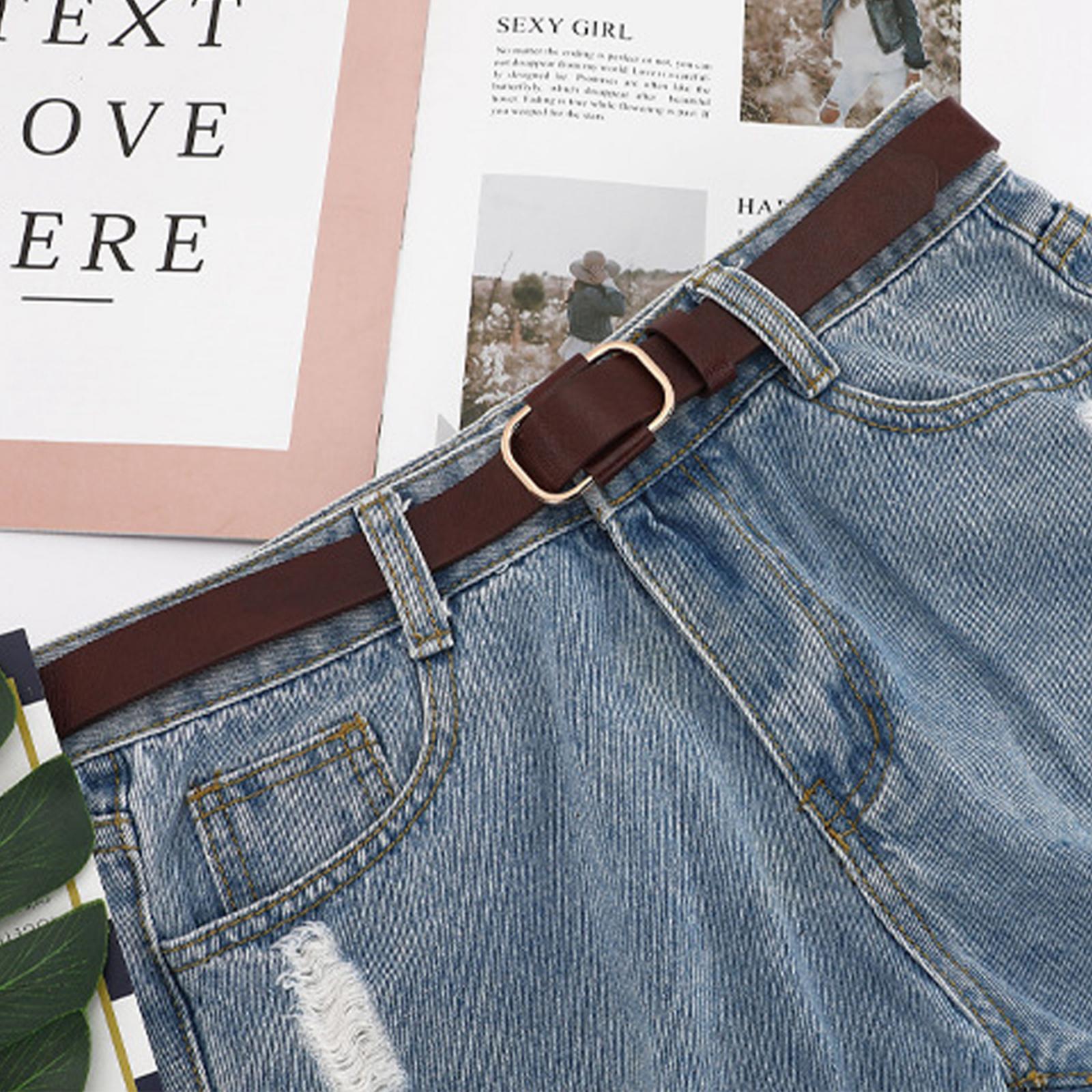 Women Leather Belts Jeans Belts with Alloy O-Ring Buckle No Pin Dark Brown