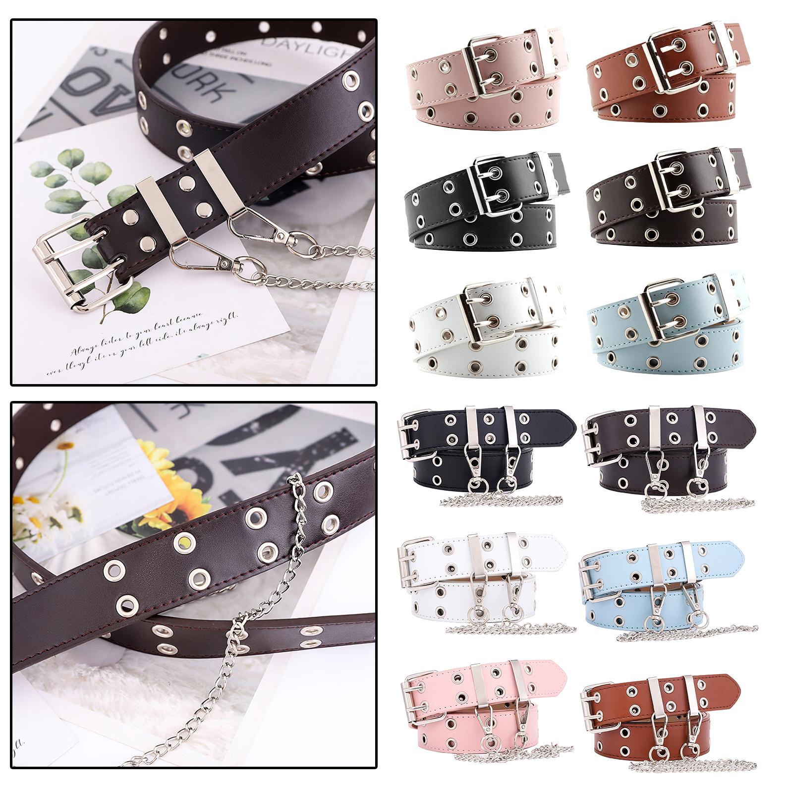 Women Punk Belt Double Grommet Leather Jeans Waist Strap Black with Chain