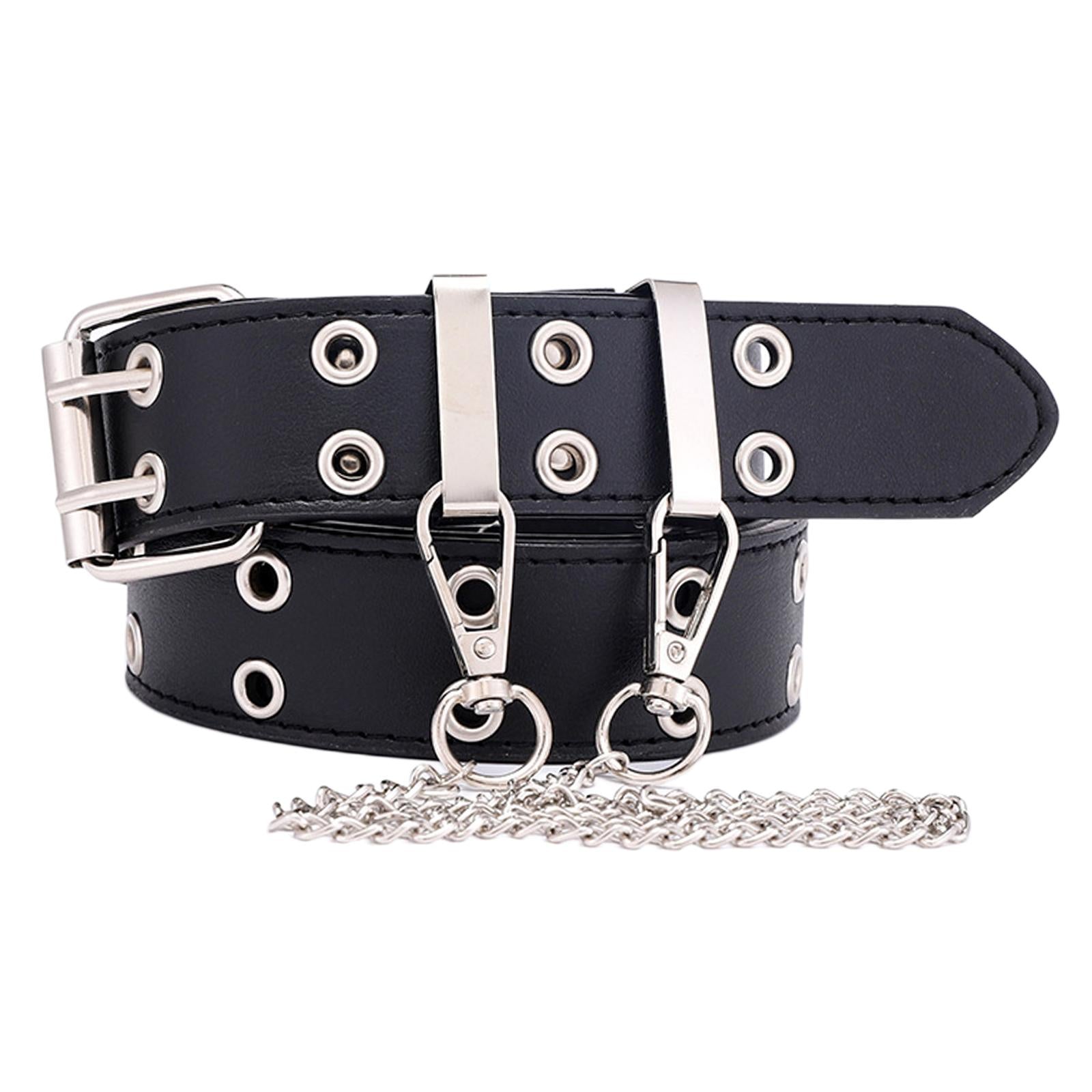 Women Punk Belt Double Grommet Leather Jeans Waist Strap Black with Chain