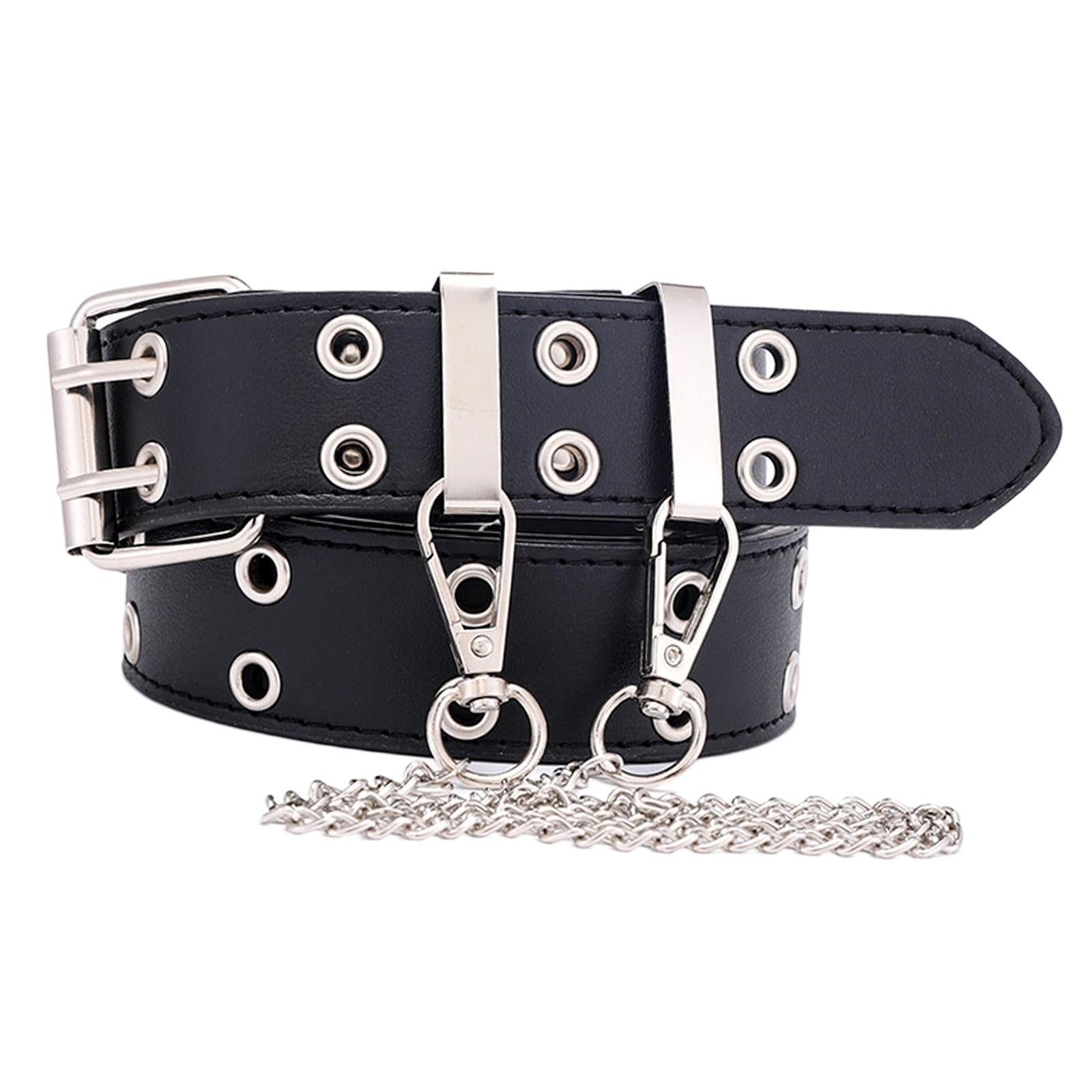 Women Punk Belt Double Grommet Leather Jeans Waist Strap Black with Chain