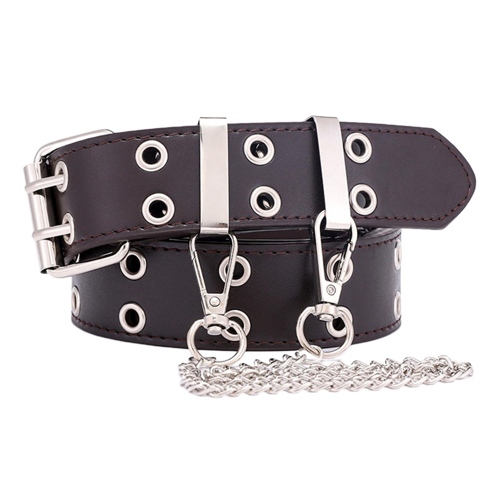 Women Punk Belt Double Grommet Leather Jeans Waist Strap Coffee with Chain