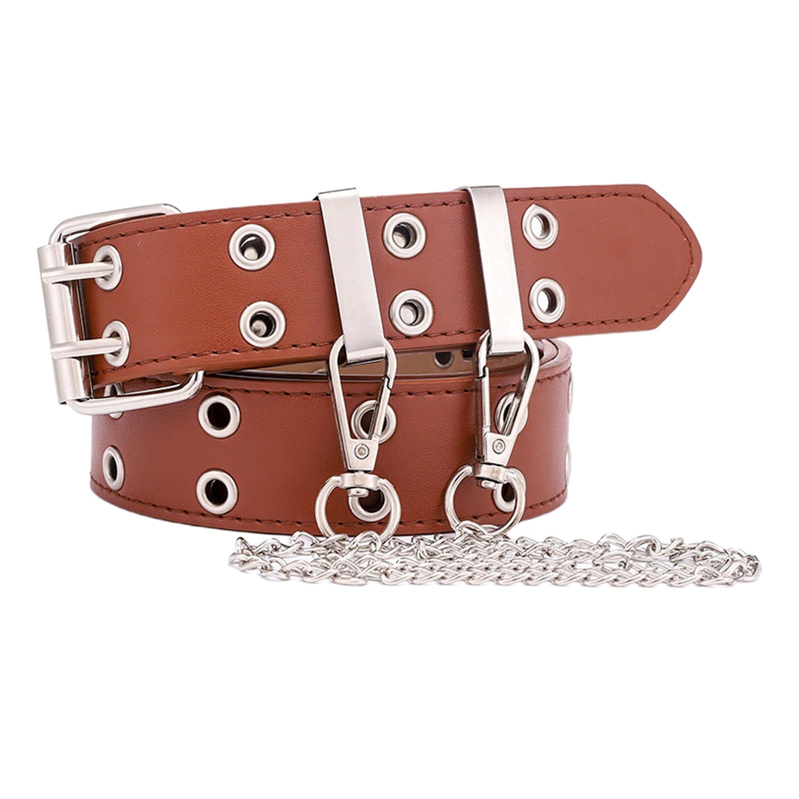 Women Punk Belt Double Grommet Leather Jeans Waist Strap Brown with Chain