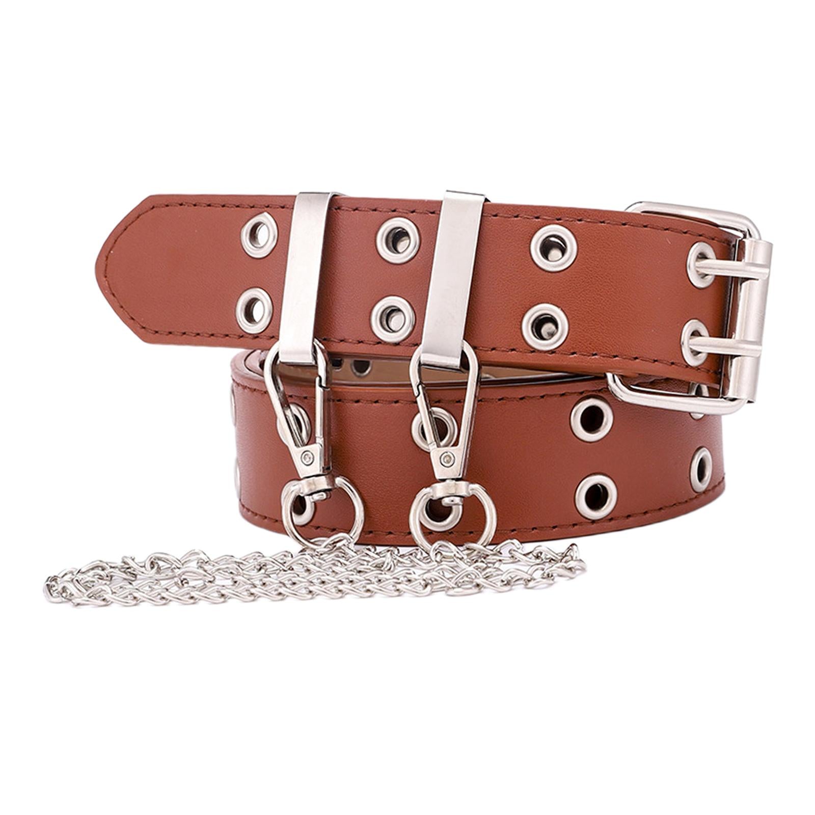 Women Punk Belt Double Grommet Leather Jeans Waist Strap Brown with Chain