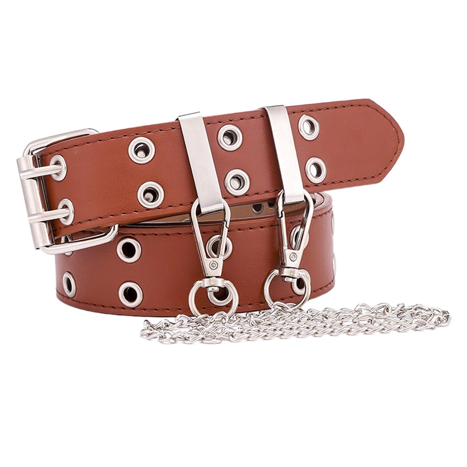 Women Punk Belt Double Grommet Leather Jeans Waist Strap Brown with Chain