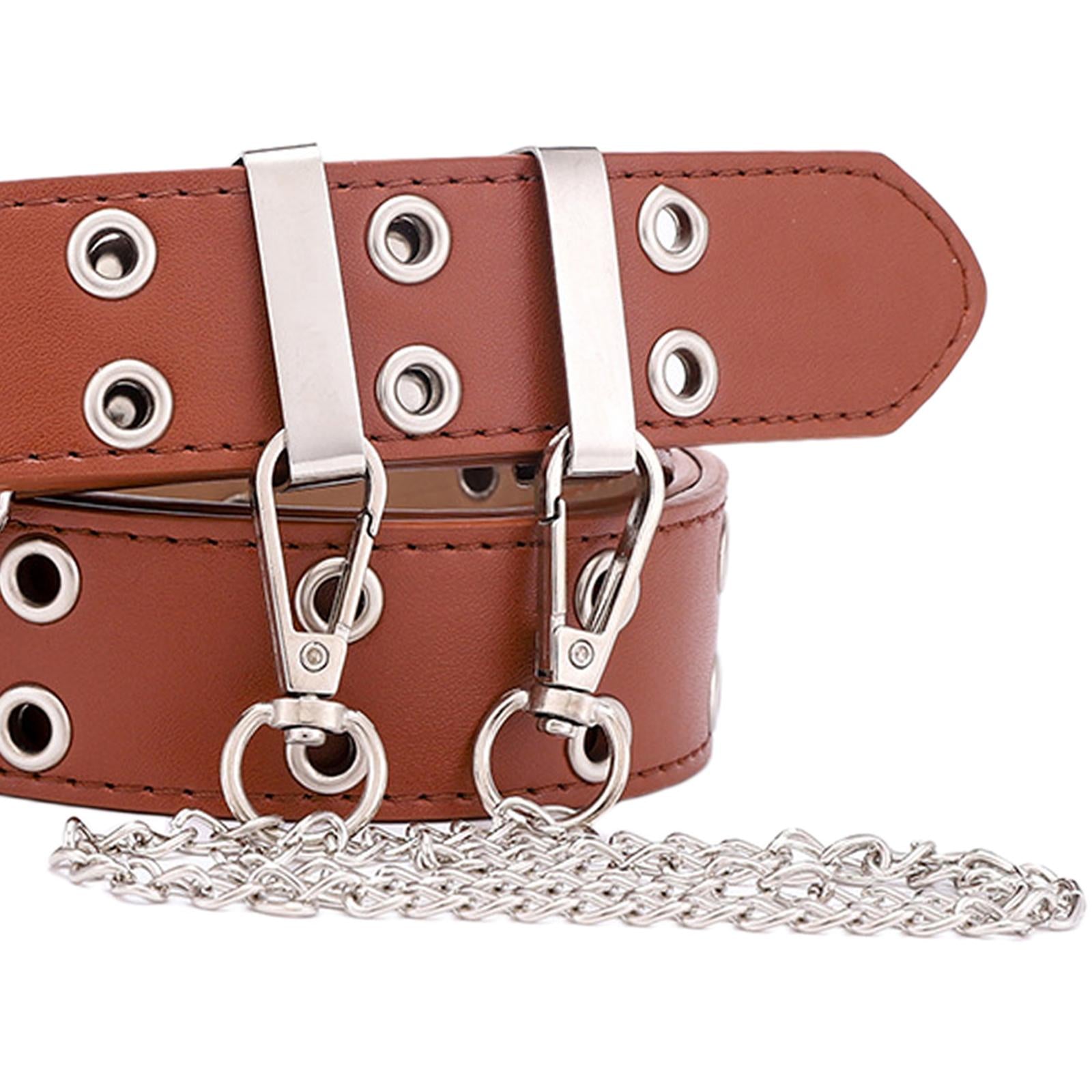 Women Punk Belt Double Grommet Leather Jeans Waist Strap Brown with Chain