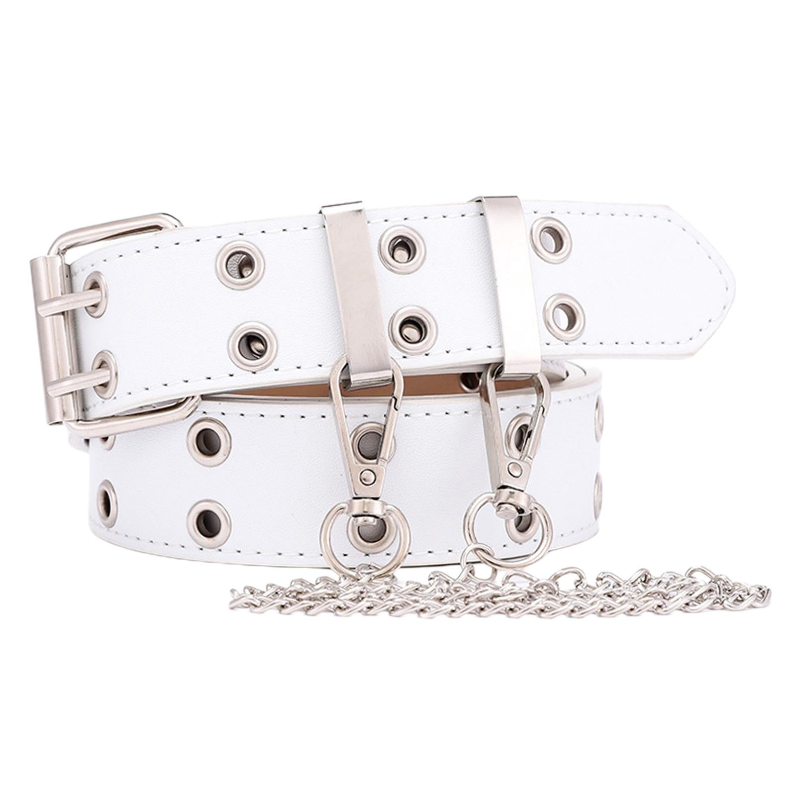 Women Punk Belt Double Grommet Leather Jeans Waist Strap White with Chain