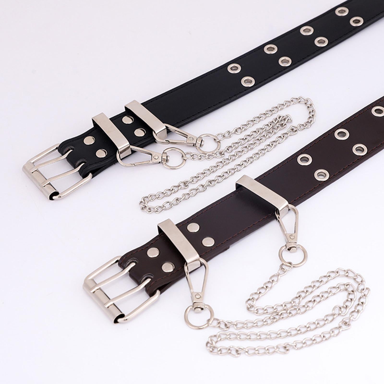 Women Punk Belt Double Grommet Leather Jeans Waist Strap Blue with Chain